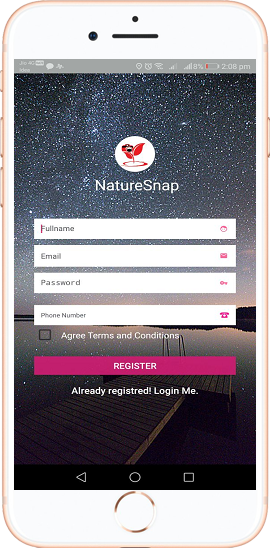 NatureSnap registration screen