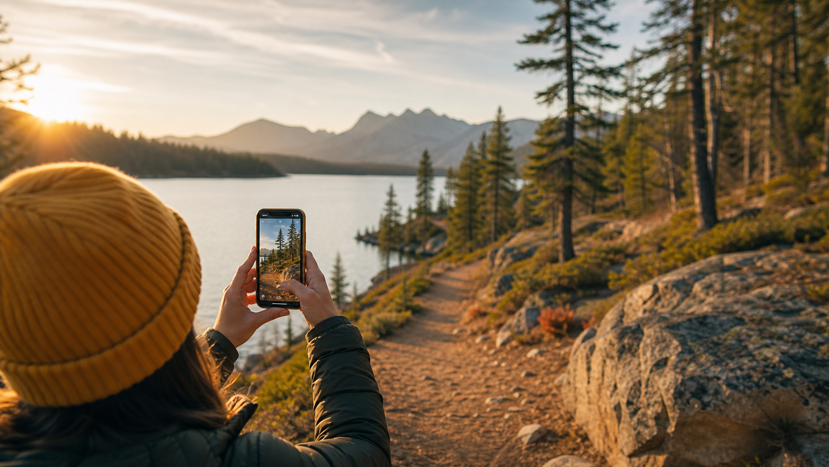 Mobile photographer capturing a lakeside nature scene